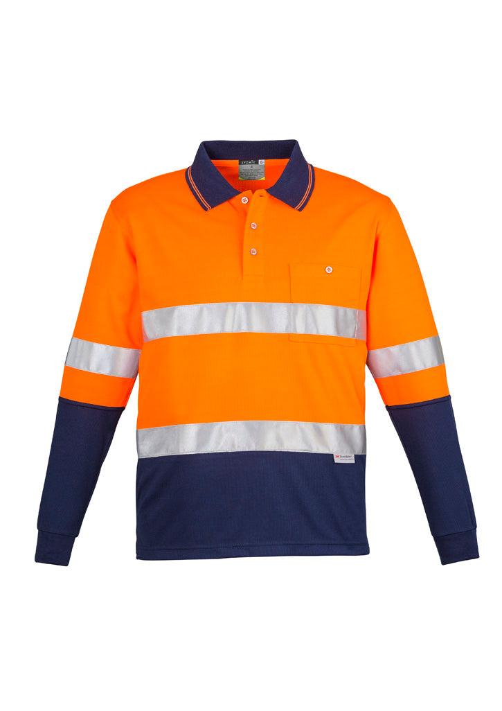 Mens Hi Vis Spliced Long Sleeve Polo - Hoop Taped - Orange/Navy