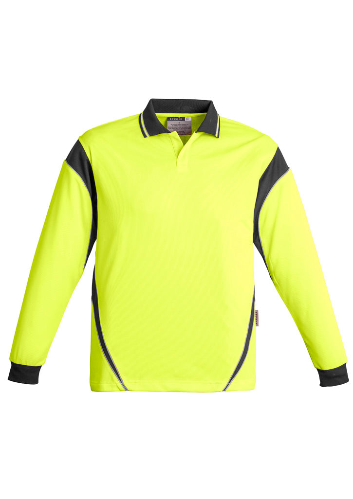 Mens Hi Vis Aztec Long Sleeve Polo - Yellow/Charcoal
