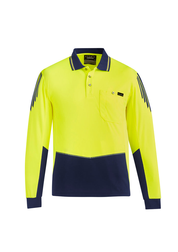 Mens Hi Vis Flux Long Sleeve Polo - Yellow/Navy