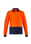 Mens Hi Vis Cotton Long Sleeve Polo - Orange/Navy