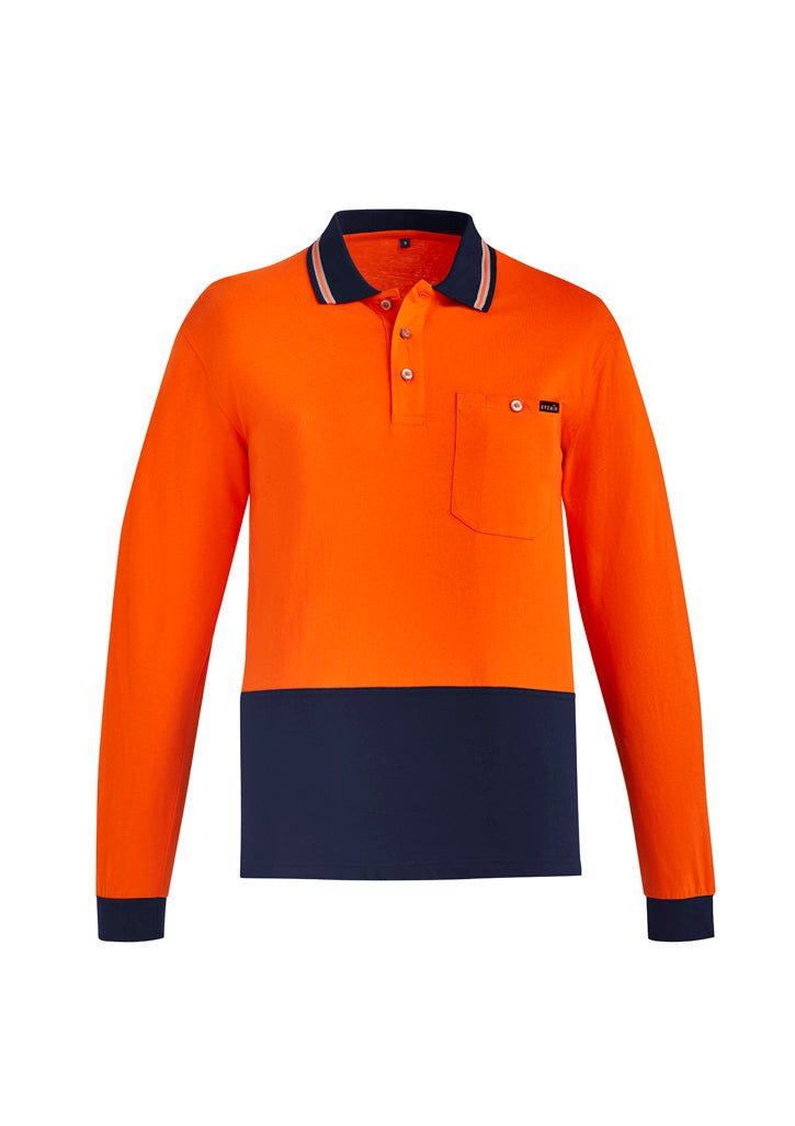 Mens Hi Vis Cotton Long Sleeve Polo - Orange/Navy