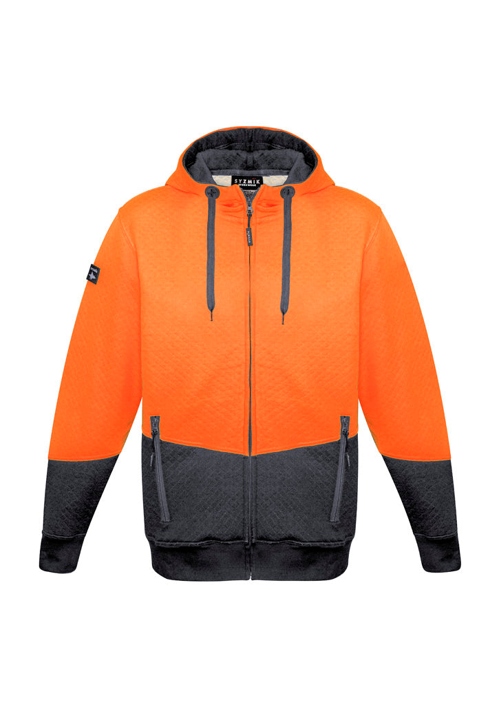 Unisex Hi Vis Textured Jacquard Full Zip Hoodie - Orange/Charcoal