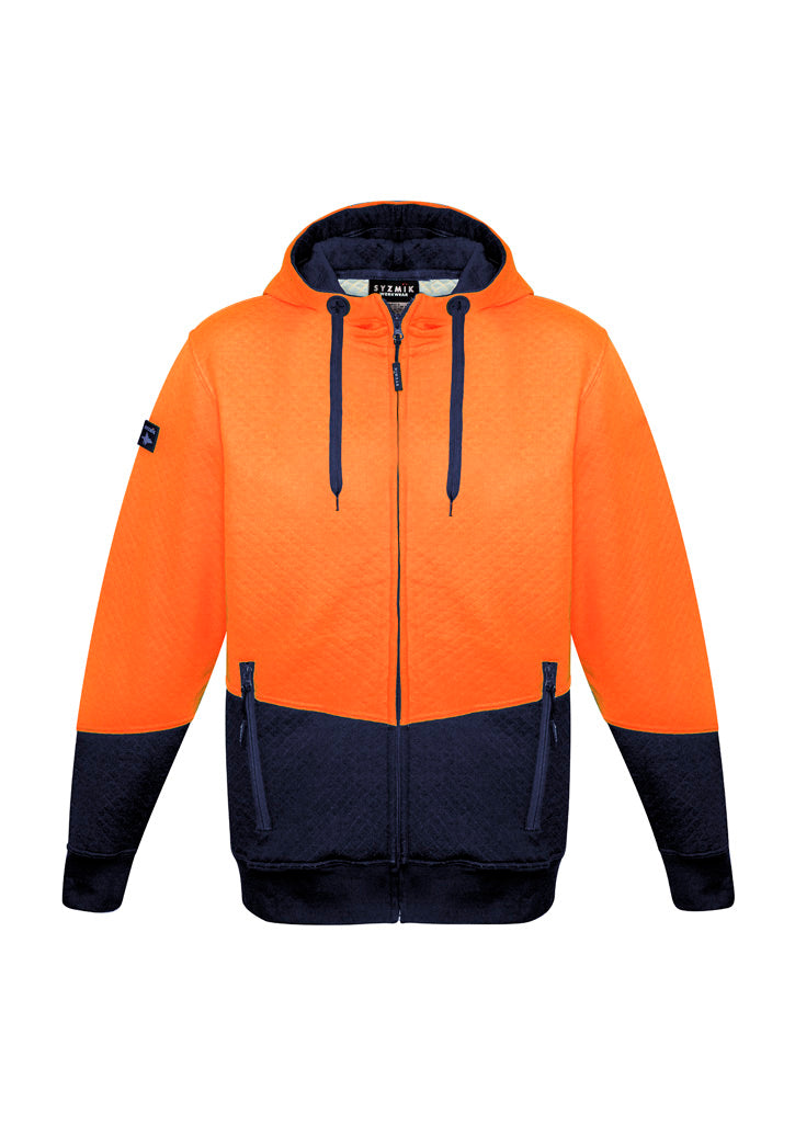 Unisex Hi Vis Textured Jacquard Full Zip Hoodie - Orange/Navy